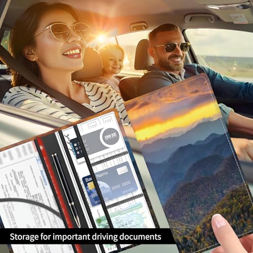 Premium Car Registration and Insurance Card Holder, Cute PU Leather Car Document Holder, Vehicle Glove Box Car Organizer with Magnetic Closure for Driver License, Cards Mountain - color: Beautiful Mountain