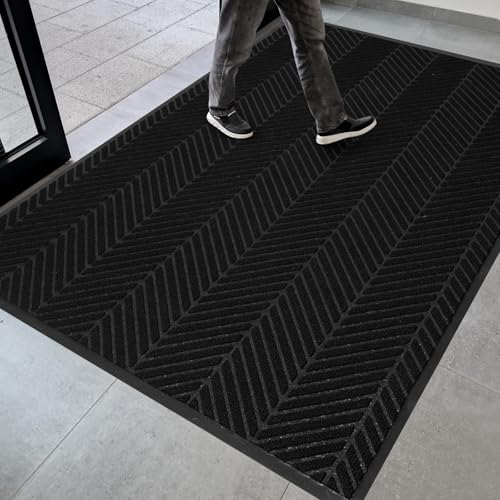 4′ x 8′ Heavy Duty Front Door Mat Indoor Outdoor Entrance, Large Non-Slip All Weather Commercial Floor Mat for Entryway, Low Profile Waterproof Outdoor Rug for Garage (48" x 96", Black) - color: Black, size: 4' x 8' (Rectangular)