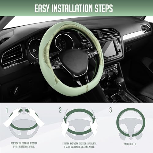 PIC AUTO Steering Wheel Cover, Green Patterned Leather Patchwork Design, Universal Fit 14.5"–15.5" D-Shape Steering Cover, Soft PU Grain Leather, Durable Grip Car Accessory for Girls & Women - color: Fits D-Shape Green