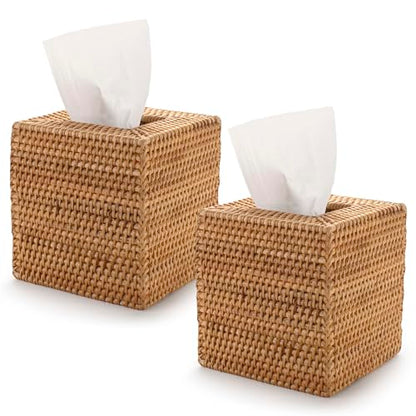 2 Pack Rattan Tissue Box Cover Square, Hand Woven Wicker Tissue Holder, 5.5 x 5.5 X 5.7 inch, Natural - color: Natural, size: Square (5.7"H) (Set of 2)