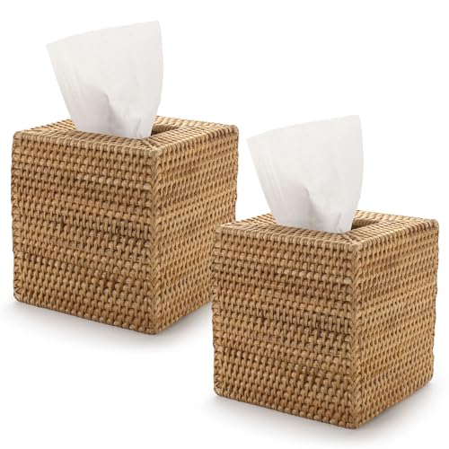 2 Pack Rattan Tissue Box Cover Square, Hand Woven Wicker Tissue Holder, 5.5 x 5.5 X 5.7 inch, Natural - color: Natural, size: Square (5.7"H) (Set of 2)