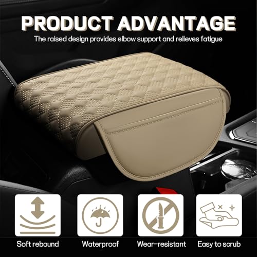 Car Armrest Cushion, 12.2"×8.3" Leather Auto Memory Foam Center Console Pad with Storage Pocket, Waterproof & Anti-Scratch Elbow Pillow Armrest Seat Box Protector, Universal Fit (Beige) - color: Beige