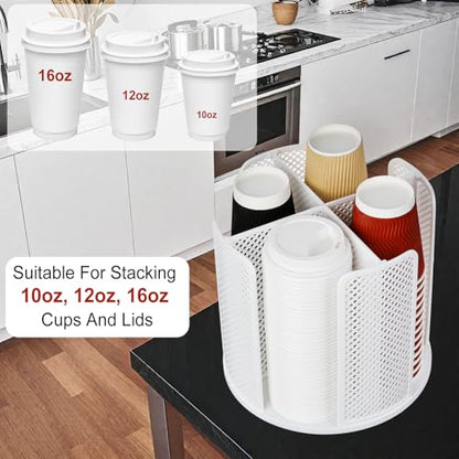 Rotating Cup Dispenser, Coffee Cup Holder with 4 Compartments, Disposable Paper Cup Organizer Fits 5 to 16 oz Cups for Kitchen Cabinets, Detachable Plastic Cup Stand & Lid Holder, White - color: White