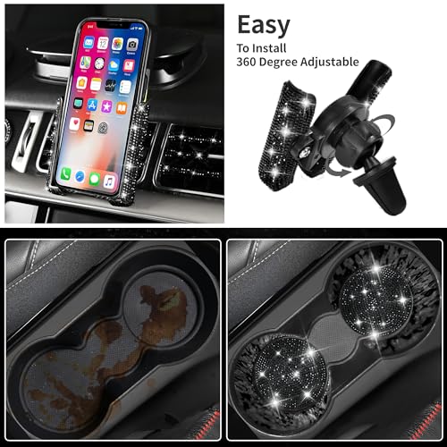 CAR PASS 23 PCS Bling Diamond Car Accessories Set for Women, Leather Seat Covers Full Set Floor Mats Steering Wheel Cover, Coasters Seat Belt Covers Phone Holder Universal Fit Car SUV Truck Van Black - color: Black Diamond