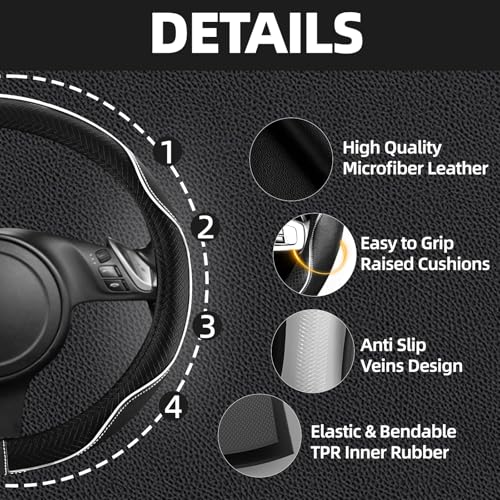 NBTEPEM Microfiber Steering Wheel Cover and Waterproof Car Floor Mats, Universal Fit Most Truck, SUV, Cars, 14.5-15inch Sporty Steering Wheel Covers with Anti-Slip Lining (Black with White line)