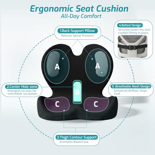 Trucker Seat Cushion, Car Seat Cushions with Lumbar Support Pillow, Ergonomic L-Shaped Orthopedic Memory Foam Pad for Long Driving Back Pain Sciatica Relief, Drivers Office Workers (Black+Mesh Cloth) - color: Black+mesh Cloth