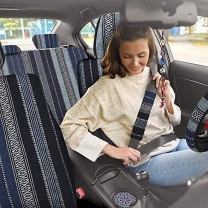 Frienda Baja Saddle Blanket Car Seat Covers Full Set Multicolor Stripe Boho Steering Wheel Cover Seat Belt Pads Crystal Hanging Ornament Automotive Interior Universal Fit Most Cars (Retro Style) - style: Retro Style