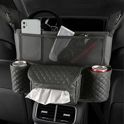 XINLIYA Car Handbag Holder Between Seats, PU Leather Multi-Pocket Large Capacity Purse Holder, Auto Net Bag Barrier of Backseat Pet Kids, Car Seat Organizers and Storage for Cargo Tissue Cup（Black） - color: Black