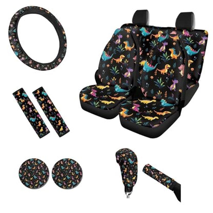 Cute Dinosaur Car Seat Covers Full Set of 11,Car Accessories for Women Men,Steering Wheel Cover+ Handbrake Cover+Seat Belt Pads+PU Car Coaster+Car Seat Towel