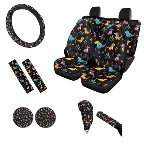Cute Dinosaur Car Seat Covers Full Set of 11,Car Accessories for Women Men,Steering Wheel Cover+ Handbrake Cover+Seat Belt Pads+PU Car Coaster+Car Seat Towel