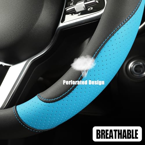 Microfiber Leather D Shaped Steering Wheel Cover, Breathable, Anti Slip, Universal 15 inch, Black with Blue - color: Black Blue, size: D Shape-Middle[14.5''-15'']