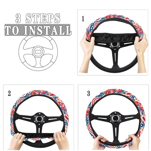 AFPANQZ American Flag Tropical Flowers Print Steering Wheel Cover for Women, Sweat Absorbing Non-Slip Steering Wheel Protection Case Elastic Flexible Universal 14 to 15 inch - color: American Flag Tropical Flowers Print
