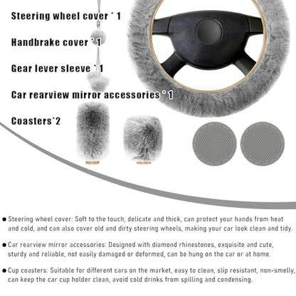 6 PCS Fluffy Steering Wheel Covers Set, 15 Inch Soft Steering Wheel Cover, Handbrake Cover & Gear Shift Cover & Cup Holder Coaster & Car Mirror Accessory, Car Accessories (Gray) - color: Gray