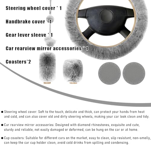 Yourkar 6 PCS Fluffy Steering Wheel Covers Set, 15 Inch Soft Steering Wheel Cover, Handbrake Cover & Gear Shift Cover & Cup Holder Coaster & Car Mirror Accessory, Car Accessories (Gray) - color: Gray