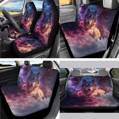 Wolf Planet Galaxy Pattern 15 Pcs Car Accessories Set, Car Interior Covers Set Front Rear Seat Covers Steering Wheel Cover Seat Belt Covers Car Headrest Cover Car Coaster - color: Wolf Planet Galaxy Pattern