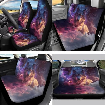 Wolf Planet Galaxy Pattern 15 Pcs Car Accessories Set, Car Interior Covers Set Front Rear Seat Covers Steering Wheel Cover Seat Belt Covers Car Headrest Cover Car Coaster - color: Wolf Planet Galaxy Pattern