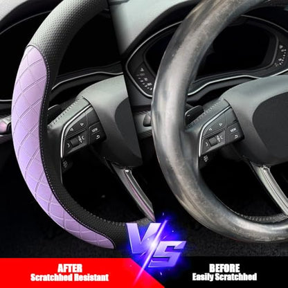 Nappa leather steering wheel cover,elegant diamond checkered design, non-slip wear-resistant, enhance driving comfort, suitable for steering wheel diameter 14 1/2‘-15’ models.Black and purple - color: Black and purple