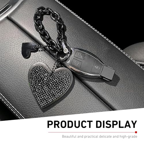 Cute Heart Keychain, Pretty Bling Key Chain Accessories, Sparkling Diamond-Studded Microfiber Leather Car Keyring Wristlet - color: Black
