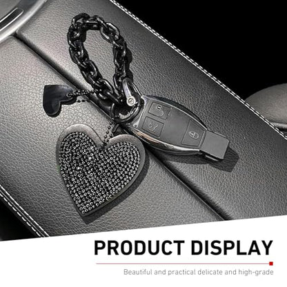 Cute Heart Keychain, Pretty Bling Key Chain Accessories, Sparkling Diamond-Studded Microfiber Leather Car Keyring Wristlet - color: Black