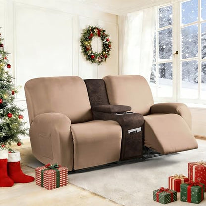 Leather Look Recliner Console Cover for Recliner Couch, Stretch Middle Console Slipcovers for Reclining Sofa and Loveseat, Washable Furniture Protector for Pets (1 Console Cover, Brown)