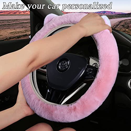 JXJKMMN Cute Fluffy Steering Wheel Cover - Furry Ear, Winter Warm Fuzzy Car Decoration (Pink) - color: Pink
