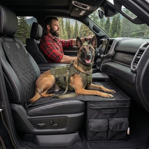 Back & Front Seat Extender for Dogs with Storage – Hard Bottom Dog Car Seat Cover, Waterproof Hammock Gap Filler for Cars, SUVs & Trucks, Scratch-Resistant Pet Seat Protector