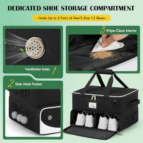 RAINSMORE Golf Trunk Organizer Golf Bag Organizers Golf Shoe Bag with Separate Ventilated Compartment for 2 Pair Shoes Golf Accessories for Balls, Gloves, Clothes - color: Black