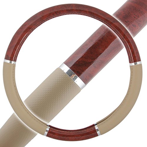 BDK Dark Wood Grain Car Steering Wheel Cover, Standard 15 inch with Beige Faux Leather Grip, Made to Fit Most Auto Truck Van SUV - color: #1-Beige / Dark Wood, size: Fits 14.5 - 15" SW