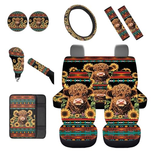 Dreaweet Car Seat Covers Full Set with Steering Wheel Cover/Armrest Cover/Seatbelt Covers/Cup Coasters/Gear Shift Cover/Handbrake Cover,12 Pcs Aztec Highland Cow Sunflower Car Accessories Deocr - color: Aztec Highland Cow Sunflower