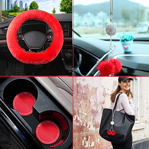 Fluffy Car Accessories Set, Fur Cute Fluffy Steering Wheel Cover & Coasters (Red) - color: red