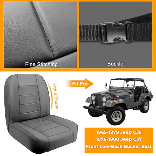 Seat Covers Compatible with 1965-1979 Jeep CJ5, 1976-1980 Jeep CJ7, Front Low-Back Bucket Driver & Passenger Seat - color: charcoal