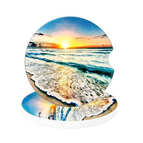 Jeffdad Car Cup Holder Coasters, 2 Pack Absorbent Ceramic Coaster 2.56" Universal Ceramic Stone & Non-Scratch Cork Base Coasters Auto Accessories for Women & Men(Sunset)