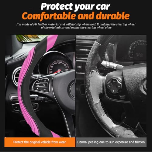 15 Inch Car Leather Steering Wheel Cover, Automotive Accessories Elastic Breathable Anti-Slip Soft Wheel Protector Fits Men and Women, Suitable for SUVs, Trucks, Vehicles and RVs (Pink) - color: Pink
