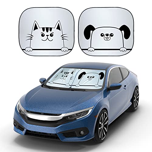 EcoNour Windshield Sun Shade Cartoon Design Medium Size (31" L x 28" W), Funny Printed Car Sunshade Foldable, 240T Polyester Blocks Heat and UV Rays for Front Window Protection - size: Medium-Dog & Cat