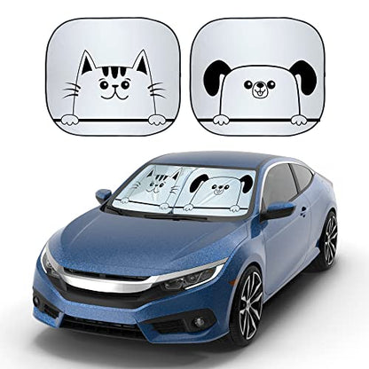 EcoNour Windshield Sun Shade Cartoon Design Medium Size (31" L x 28" W), Funny Printed Car Sunshade Foldable, 240T Polyester Blocks Heat and UV Rays for Front Window Protection - size: Medium-Dog & Cat