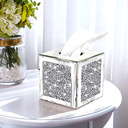 Wocred Square Mirrored Tissue Box Cover,Crystal Crushed Diamond Tissue Box,Silver Luxury Tissue Holders for Either Tissues in a Bathroom or Napkins on a Table.(5.5”x5.5”x5.5”) - color: Silver Diamond