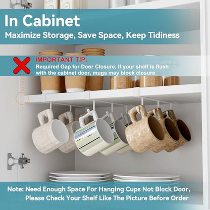 Adhesive Cup Holder Under Cabinet - 3pcs x 6 Hook Coffee Cup Mug Holder for Kitchen, Fit for 1 Inch Thickness Shelf or Less - White