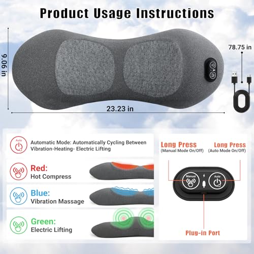 3-in-1 Electric Lumbar Support Pillow with Heat, Vibration and Traction, Triple Fusion Low Back Massager for Pain Relief Deep Tissue, Ergonomic Memory Foam Lumbar Support Massager for Car/Bed/Office