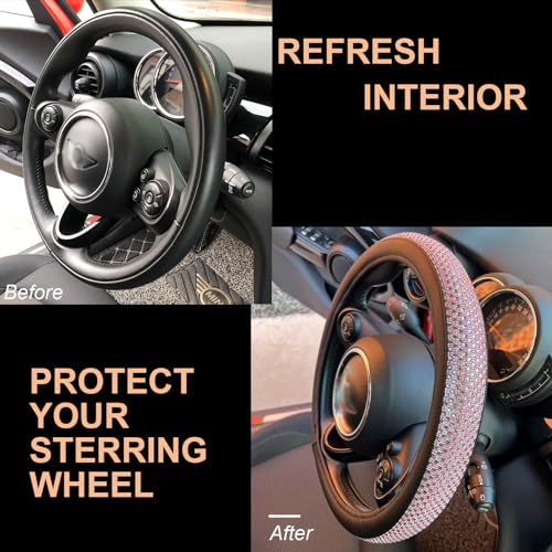 Bling Bling Comfy Steering Wheel Cover with Jumbo Crystal Rhinestones, Anti-Slip Diamond Leather, Universal 15 Inch (Pink) - color: 2.Pink, size: Medium(Standard) Size[14 1/2''-15'']