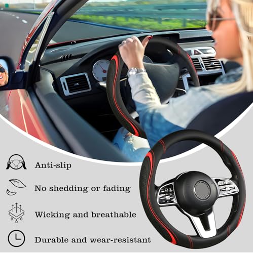 Leather Splicing Black Red Car Steering Wheel Cover,14.5-15 Inch Universal Microfiber Leather Covers Breathable Anti-Slip Odorless Steering Wheels Accessories for Men Women - color: Leather Splicing - Black and Red