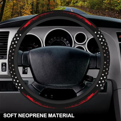 Red Black American Flag Elastic Steering Wheel Cover, Non-Slip Breathable Neoprene Steering Wheel Covers, Men Car Accessories, Universal 15 Inch Fit Auto, Suvs, Truck - color: Red Black American Flag