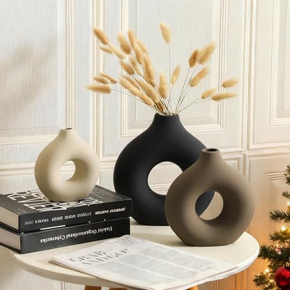 Ceramic Vase Home Table Decor - Flower Vases Set of 3 Small Living Room Centerpiece Decorations for Shelf Bedroom Office Kitchen Dining Desk Modern Aesthetic Farmhouse Decorative (Classic)