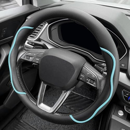 Nappa Leather Steering Wheel Cover. Stylish Striped Design, Universal fit for 14.5–15-inch Steering Wheels, Slip-Resistant and Breathable, Protects the Steering Wheel.Black and Blue - color: Black and Blue
