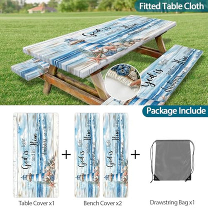 Nautical Lighthouse Beach Picnic Table Cover with Bench Covers Waterproof Windproof Elastic Fitted Outdoor Camping RV Tablecloths with Drawstring Bag Reusable Rectangle Tables and Seats Cover 30X60IN - color: Blue, size: 30" x 60" (Rectangular)
