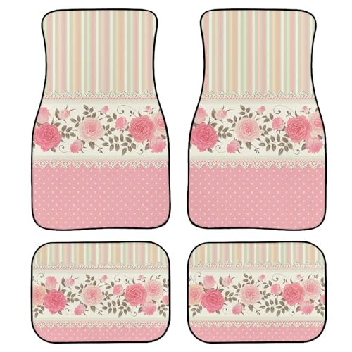 Pink Rose Car Floor Mats Vintage Climbing Roses Floral Striped Polka Dot Background Floor Mats for Cars Universal Vehicle Front Rear Foot Carpet Rugs All Weather Fit for Trucks SUV Sedans - color: Pink