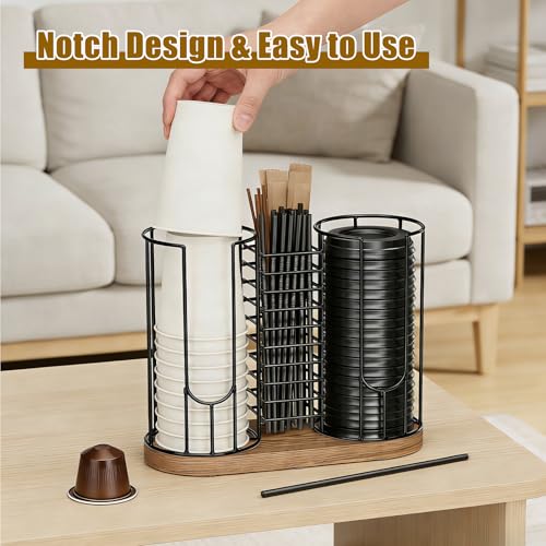 Coffee Cup Dispenser Rack with Wood Base, 18oz Cup Holder Organizer for Storing Paper Cups, Straws, Lids and Disposable Tableware(3-compartment) - color: Black 3-Compartment