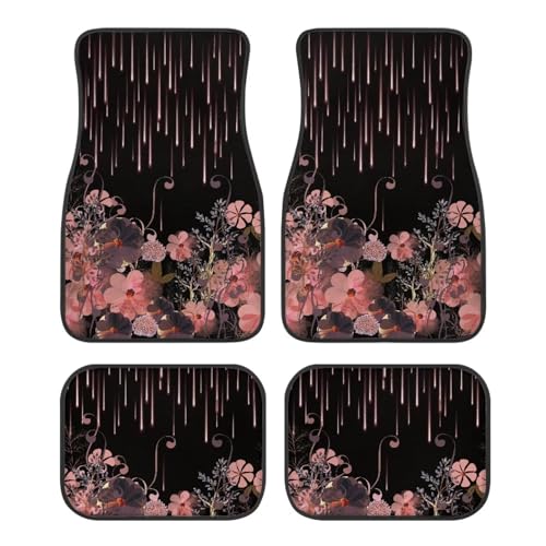 Pink Flower Black Automotive Floor Mats Front and Rear Car Mat Carpet Set 4 Pcs Fit for SUV,Vans,sedans,Trucks - color: Pink Flower Black