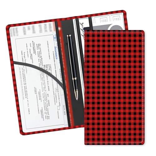 Leather Car Registration and Insurance Card Holder, Cute Car Accessories Vehicle Glove Box Car Organizer for Documents, Cards, License Luxury Black Red Plaid - color: Luxury Black Red Plaid