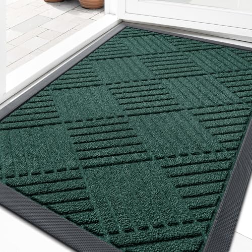 OLANLY Front Door Mat Outside Entrance 33x21, Absorbent, Heavy Duty Sturdy Natural Rubber Doormat Indoor Outdoor, Stain Fade Resistant, Non-Slip Low Profile Floor Mat for Entryway, Black Green Diamond - color: Black Green Diamond, size: 33" X 21"