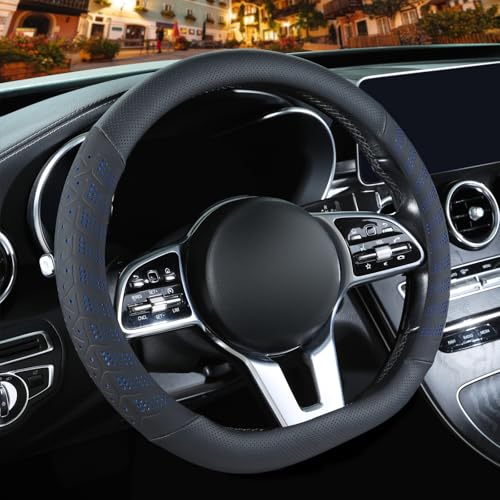 3D Premium Skin-Feel Leather Small D Shaped Steering Wheel Cover, Anti-Slip Breathable Soft Slim Design, 13.5 inch to 14 inch, Black with Blue - color: Black with Blue, size: D Type-Small[13.5''-14'']